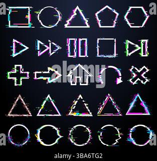 Icone geometriche e di interfaccia in stile glitch, tra cui forme, frecce, pulsanti multimediali e simboli con disturbo RGB e distorsione. Cyberpunk futuristico Illustrazione Vettoriale
