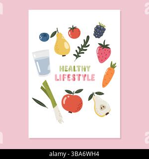 Illustrazione della giornata Mondiale della salute, 7 aprile articoli, carta, frutta, verdura, sport Illustrazione Vettoriale