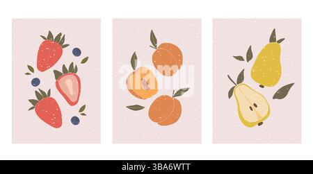 Manifesti di frutta vettore, poster di cucina disegnano cartone animato, frutta fresca, verdura, frutta Illustrazione Vettoriale