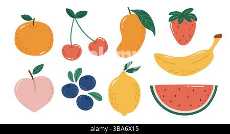 Illustrazione Doodle Fruits Set, Hand Draw Fruits, Clipart Set, Fruits, Summer Clipart Illustrazione Vettoriale