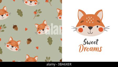 Animali selvatici, simpatici animali selvatici, motivi per bambini, cartoni animati della foresta con motivo di volpe senza cuciture Illustrazione Vettoriale