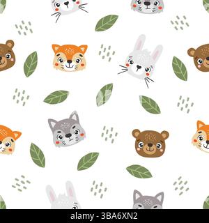 Schema animali selvatici, simpatici animali selvatici, schema bambini, vettore forestale, cartone animato, motivo senza cuciture, bianco Illustrazione Vettoriale