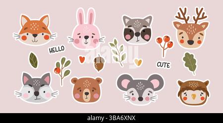 Animali selvatici ambientati isolati, carini animali della foresta, illustrazioni di cartoni animati per bambini, adesivi Illustrazione Vettoriale