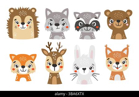 Animali selvatici isolati, carini animali della foresta, cartoni animati vettoriali per bambini, cervi, conigli, fox Illustrazione Vettoriale