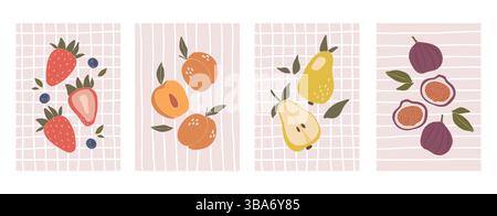 Manifesti di frutta vettore, poster di cucina disegnano cartone animato, frutta fresca, verdura, pera, pesca Illustrazione Vettoriale