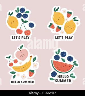 Illustrazione Doodle Fruits Set, Kawaii Fruits, Clipart Set, Fruits, Summer Clipart, set di adesivi Illustrazione Vettoriale