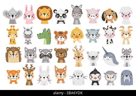 Raccolta isolata di animali carini, foresta carina, safari, animali polari, animali da fattoria, cartoni animati vettoriali per bambini Illustrazione Vettoriale