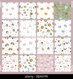 Carini animali, simpatici safari, animali selvatici, motivi per bambini, cartoni animati, motivo senza cuciture, grande set Illustrazione Vettoriale