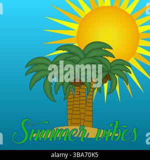 Illustrazione cartoni animati con biglietto d'auguri con una scena di un'isola tropicale con palme, noci di cocco e sole luminoso. Iscrizione alle vibrazioni estive. Ideale per Illustrazione Vettoriale