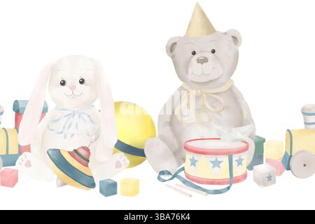 Un coniglietto di peluche, giocattoli di legno su ruote e un orsacchiotto. Illustrazione acquerello. Un bordo senza cuciture con un trenino giocattolo, una palla e un top rotante per bambini Foto Stock