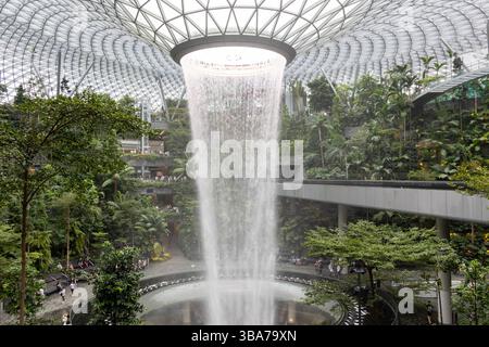 Singapore - 8 aprile 2025: La cascata al coperto più alta del mondo, The Rain Vortex, circondata da una foresta terrazzata a Changi Jewel, Singapo Foto Stock