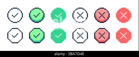 Segni di spunta e croci pixellati in forma tonda e ottagonale. Icone pixel art in stile diverso. Illustrazione vettoriale Illustrazione Vettoriale