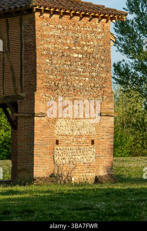 Colombaia rustica in pietra e mattoni, alta in un paesaggio rurale, un tempo adibita ad ospitare piccioni o colombe per scopi agricoli. Foto Stock