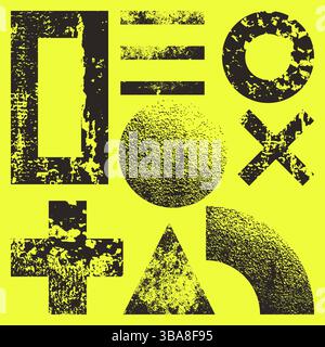 Set di forme geometriche con texture grunge a vernice. Icone astratte vettoriali, sfondi e cornici. Elementi di design alla moda per graffiti Illustrazione Vettoriale