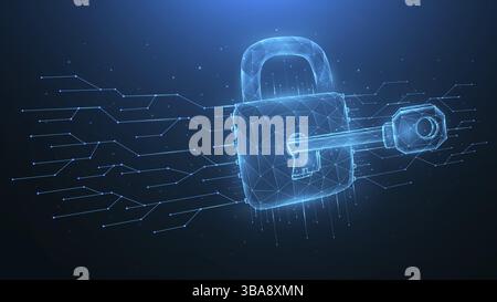 Cyber Attack low poly art. L'illustrazione vettoriale poligonale di un tasto sblocca un lucchetto su uno sfondo blu. Il concetto di attacco a un sistema informativo Foto Stock