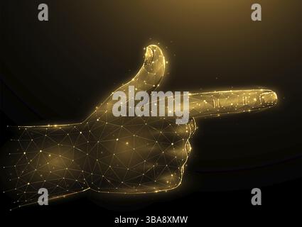 Illustrazione vettoriale poligonale della pistola a dito su sfondo scuro. Segnale gestuale mano basso struttura in poli. Concept art con gesto di scatto manuale Foto Stock