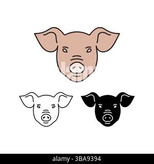 Illustrazione vettoriale della testa di maiale in 3 stili isolati su sfondo bianco Foto Stock