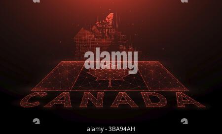 Illustrazione del vettore poligonale della mappa e della bandiera del Canada. Banner astratto o modello composto da punti e linee su sfondo rosso scuro Foto Stock