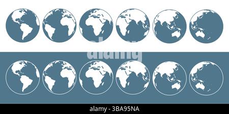 Serie di illustrazioni vettoriali piatte del globo terrestre da diversi lati Foto Stock