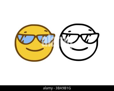 Cooles Emoticon mit Brille im Doodle-Stil isoliert auf weissem Hintergrund Foto Stock