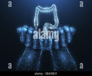 Donatore del colon o dell'intestino crasso. Illustrazione del vettore poligonale di una mano con un intestino crasso umano. Banner medico, modello o sfondo Foto Stock