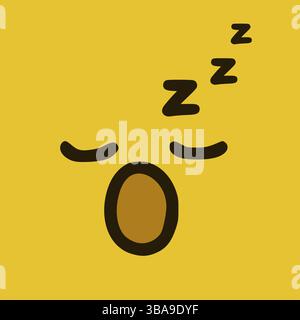 Schlafendes Emoticon im Doodle-Stil. Cartoon Gesichtsausdruecke isoliert auf gelbem Hintergrund Foto Stock