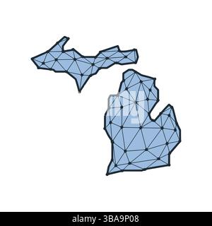 Mappa statale del Michigan poligonale Illustration aus Linien und Punkten, isoliert auf weissem Hintergrund. Design a basso contenuto di polietilene dello stato DEGLI STATI UNITI Foto Stock