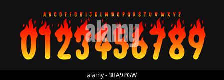 Numero di fiamme e carattere lettera, alfabeto acceso per il logo degli sport estremi, titolo selvaggio, poster del titolo Rock, volantini per feste, eventi per motociclisti Illustrazione Vettoriale