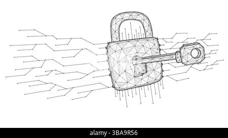 Cyber-attacchi a basso contenuto di poli art. Immagine del vettore poligonale di una chiave per sbloccare un blocco Foto Stock