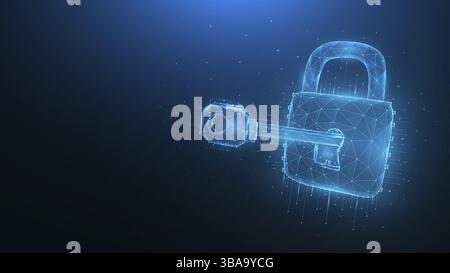 Cyber Security Low Poly Art. Illustrazione del vettore poligonale di una chiave e di un lucchetto su sfondo blu. Concetto di cyber-attacco o di hacking dei dati Foto Stock