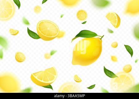 Limoni che cadono realistici. Flying Citrus 3d Fruit Piece, succosa fetta di mosca di limone matura arancio giallo striscione estivo di limonata fresca, pubblicità di bevande illustrazione vettoriale esatta, grafica originale Illustrazione Vettoriale
