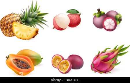 Frutti tropicali realistici. 3d dessert naturali a base di frutta esotica, ananas passionfruit lychee papaya drago mangostano cibo dolce e salutare pasto estivo per le vacanze, illustrazione vettoriale esatta grafica originale Illustrazione Vettoriale