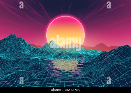 Paesaggio digitale retrò futuristico in stile anni '80 con montagne a griglia al neon scintillanti e un tramonto vibrante in un'estetica cyberpunk. Synthwave vaporwave Illustrazione Vettoriale
