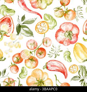 Acquerello senza cuciture con verdure ed erbe aromatiche Foto Stock