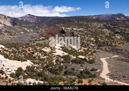 Una strada sterrata che si snoda attraverso il paesaggio sotto i petroglifi di Cub Creek. Dinosaur National Monument, Utah Foto Stock
