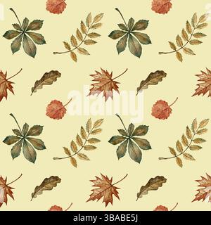 Motivo senza cuciture con diverse foglie autunnali. Illustrazione ad acquerello fatta a mano. Su uno sfondo colorato. Ideale per il confezionamento, l'arredamento, i tessuti e wal Foto Stock