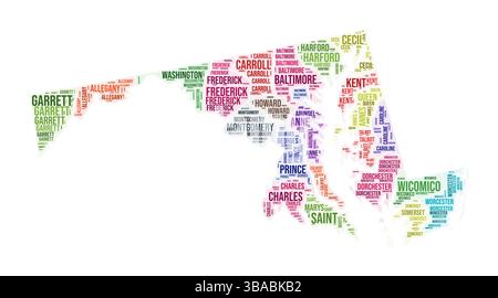 Cloud di parole della contea del Maryland. Design della forma dello stato. Illustrazione a colori Maryland. I nomi delle contee collage cloud. Illustrazione vettoriale. Illustrazione Vettoriale