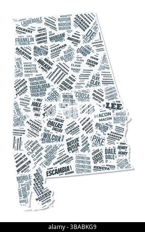 Nuvola di testo a forma di Alabama. Confine di stato con ombra su sfondo bianco. Alabama con divisione contee in stile vintage gazette. Illustrazione Vettoriale