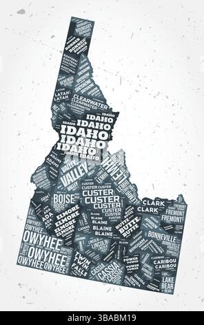 Nuvole di parole nelle contee dell'Idaho. Indicare la forma su sfondo testurizzato. Design Idaho in stile tipografico. Illustrazione vettoriale VIBRANT. Illustrazione Vettoriale