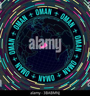 Oman sul globo. Vista satellitare del mondo centrata sull'Oman. Stile neon brillante. Futuristico sfondo radiale in mattoni. Interessante illustrazione vettoriale. Illustrazione Vettoriale