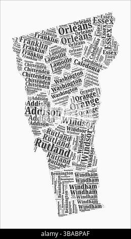 Vermont Text Style Counties. La regione di stato nomina nuvole di parole in lingua inglese. Eccezionale illustrazione vettoriale. Illustrazione Vettoriale