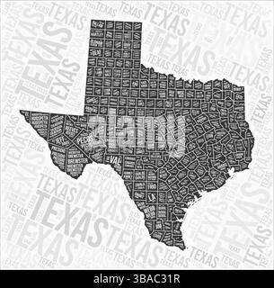 Le contee del Texas mappano la nuvola di parole. Nomi delle regioni del Texas. Design della mappa in bianco e nero. Illustrazione vettoriale VIBRANT. Illustrazione Vettoriale