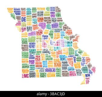 Cloud di parole della contea del Missouri. Design della forma dello stato. Illustrazione a colori Missouri. I nomi delle contee collage cloud. Illustrazione vettoriale. Illustrazione Vettoriale