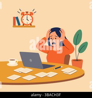 Illustrazione in stile piatto di una donna stressata seduta a una scrivania con un notebook, circondata da documenti, che tiene la testa nel panico. Illustrazione Vettoriale