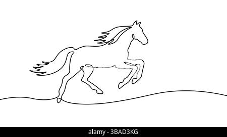 Il cavallo nero salta con grazia. Gambe di coda di manine dettagliate con linea continua liscia. Design del logo di branding a tema equino. Stile art di linea semplice con Illustrazione Vettoriale