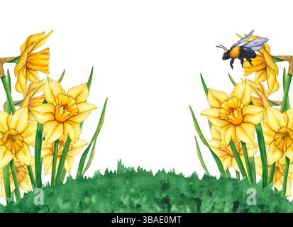 Fiori d'acquerello gialli e bumblebee. Illustrazione acquerello di un prato con fiori e api volanti. Prato fiorito in un giorno d'estate. Telaio di flo Foto Stock