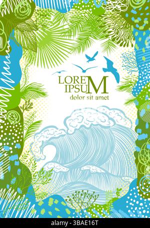 Lo sfondo tropicale incornicia il mare e le palme. disegnato a mano. Non ai, illustrazione vettoriale Illustrazione Vettoriale