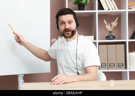 Speaker online in cuffia che esegue webinar vicino a lavagna a fogli mobili in interni, visualizzazione dalla webcam Foto Stock