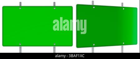 Segnale stradale verde vuoto, vista anteriore e laterale. Rendering 3D isolato su sfondo bianco Foto Stock