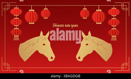 Anno cavallo felice anno nuovo cinese 2026...silhouette cavallo oro su sfondo rosso. Torcia cinese. Banner. Vettore. Illustrazione Vettoriale